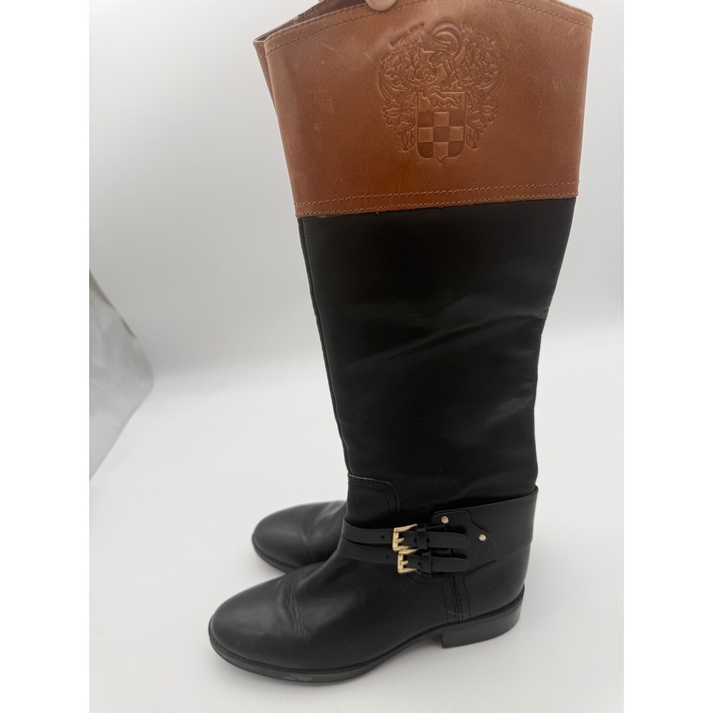 Vince Camuto Pryna Black Brown Leather Riding Boots Two Tone Crest Buckle 7M